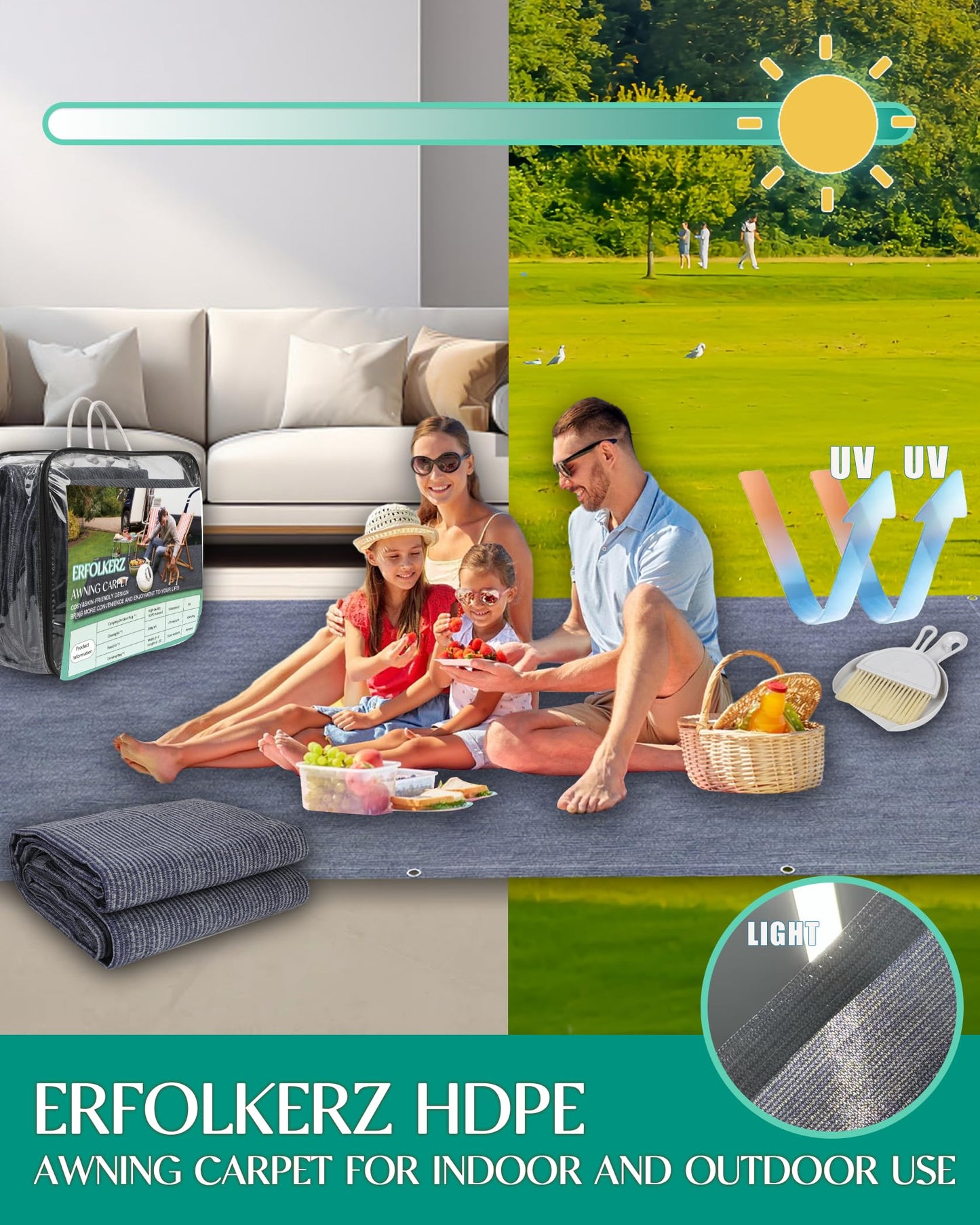 Erfolkerz Awning Carpet HDPE Outdoor RV Rug,Blue-Grey 8'*20' Waterproof Camping Rugs with Eyelets/Broom/Carry Bag/Nails,Highly Robust & Washable,Large Outdoor Area Mat for Patio/Backyard/Picnic/Beach