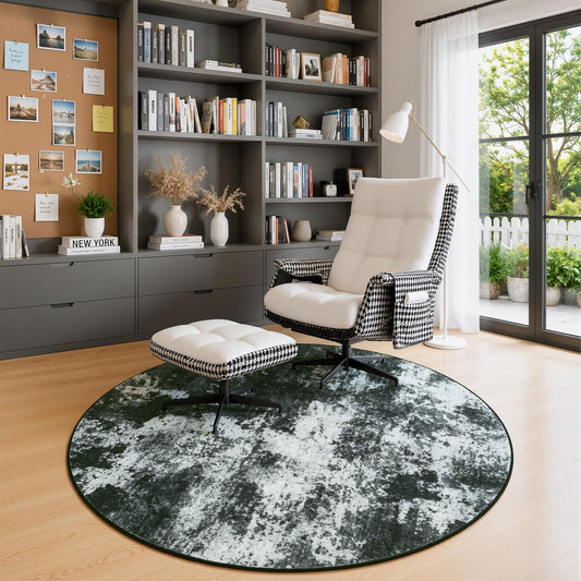 Merelax 4ft Round Black Abstract Area Rug, Washable Non Slip Circle Rug for Entryway, Kitchen, Bedroom, Bathroom, Nursery, Living Room, Thin Soft Circular Rugs Indoor Décor, Low Pile Carpet