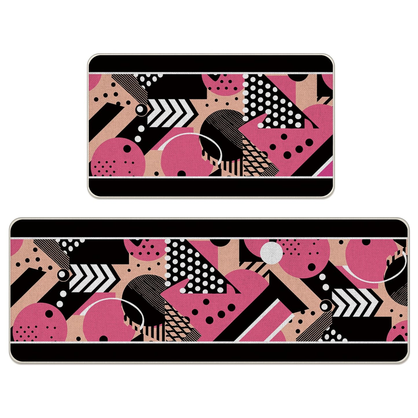 Livcoz Memphis Style Kitchen Rugs Set of 2, Pink Black Geometric Modern Art Floor Mats Home Decor, Vibrant Fashion Artistic Door Mat Decorations - 17x29 and 17x47 Inches