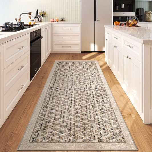 Runner Rug 2x5 Washable Non Slip, Kitchen Runner Rug for Hallway Entryway Laundry Room, Low Pile Indoor Carpet Runner for Floor, Vintage Rug with Rubber Backing (2'x5', Beige