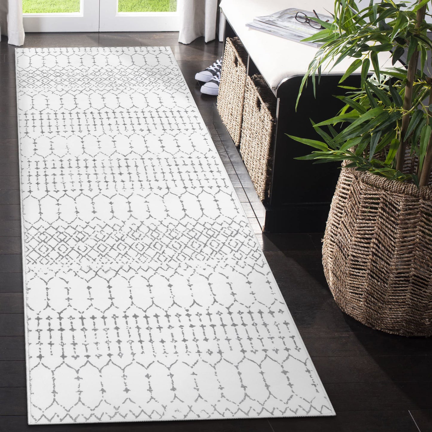 Lahome Moroccan Washable Runner Rug - 2x6 Non-Slip Throw Hallway Rug Runner Ultra-Thin Soft Kitchen Laundry Room White Print Distressed Carpet for Entryway Bathroom Living Room Hana