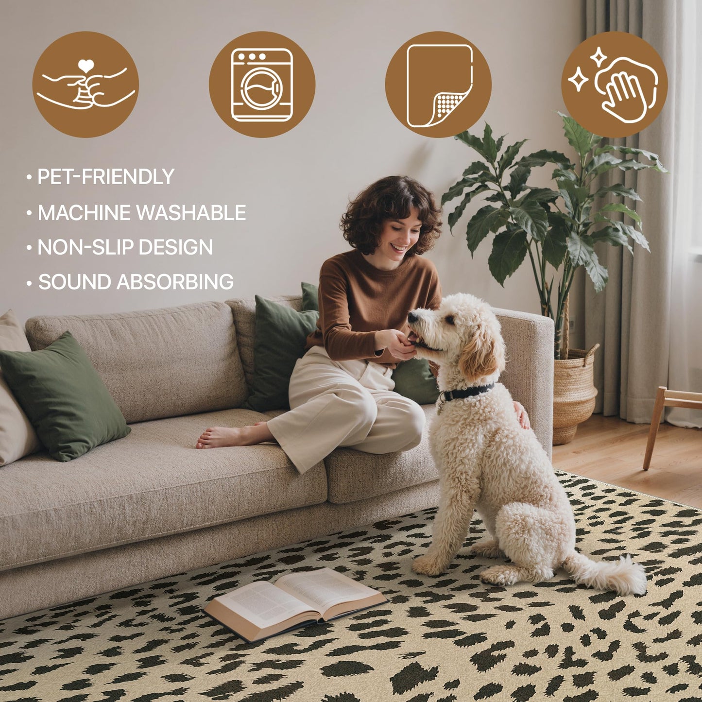Bavni 5FT Leopard Round Area Rugs for Living Room, Machine Washable Animal Rug Foldable Ultra-Thin Indoor Non Slip Brown Carpet Print Mat,Bedroom Dining Room Home Office, Light Brown