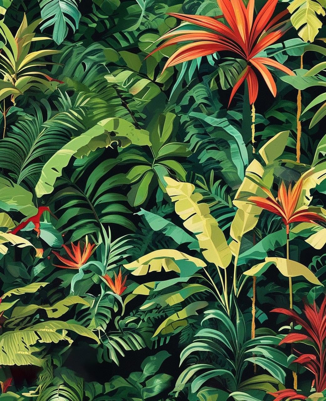 Natural Vibrant Green Red Jungle Rug for Porch Patio Deck Veranda Balcony Garden Machine Washable Non Slip Waterproof Large Carpet Backyard Foyer Camping Poolside Tropical Botanical Outdoor Rugs 3x5