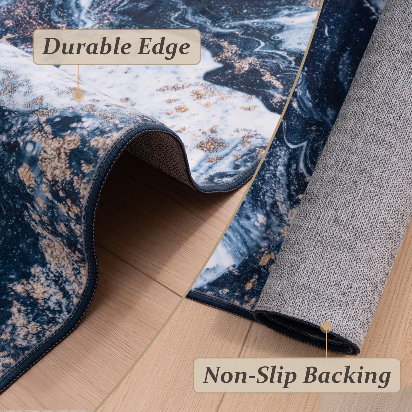 GEMBED Washable Area Rug 5x7 - Artistic Style Modern Rug for Living Room Bedroom Dining Room, Soft Low Pile Machine Washable Carpet, Non Slip Non Shedding Area Rug - Dark Blue/Gold, 5'x7'