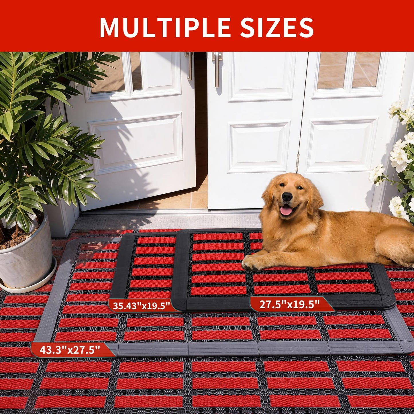 Linoows Heavy Duty Door Mat - DIY Interlocking Design, Dirt Trapper Front Doormat, 27.5x19.7 Inch All-Season Welcome Door Mats Non-Slip for Indoor Outdoor Entrance Home Commercial, Black & Red