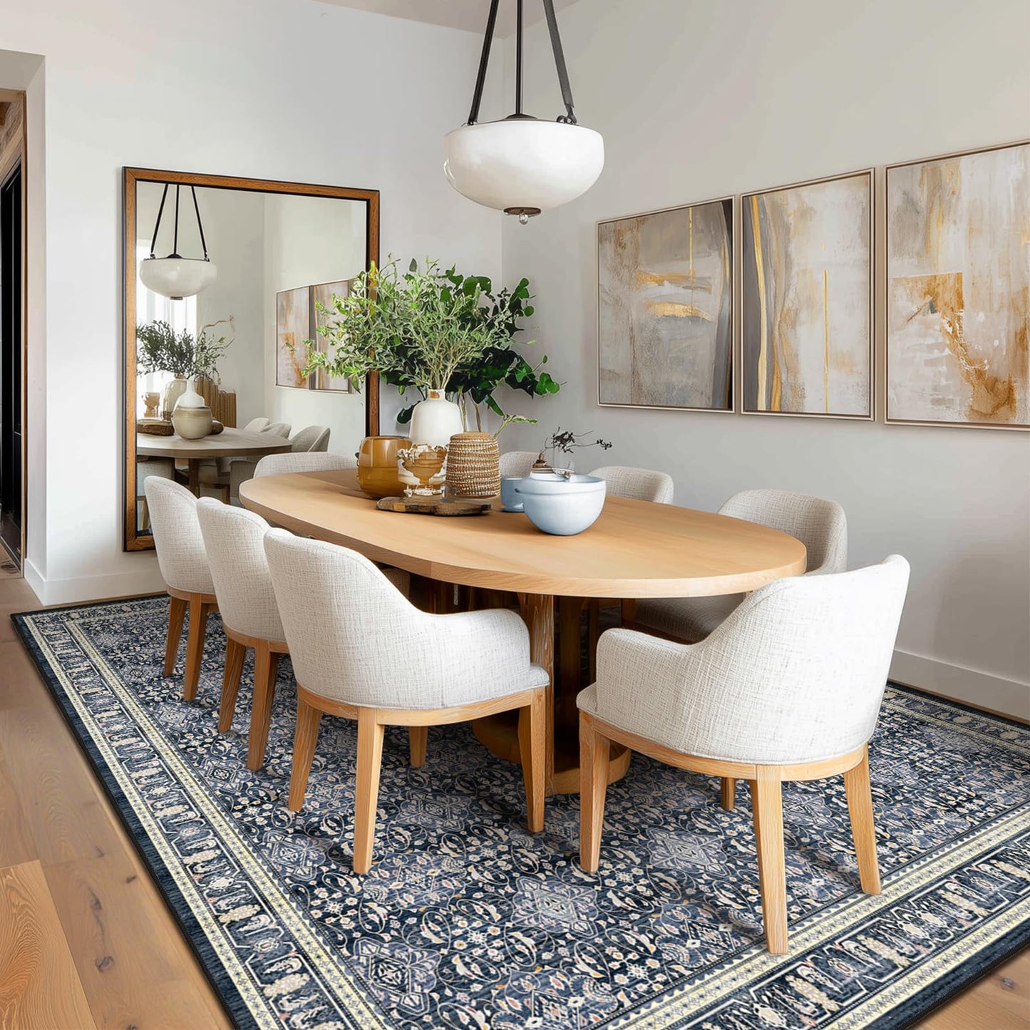 Jainmy Boho Floral Moroccan Trellis Large Area Rugs 9x12 for Living room, Dark Blue Classic Transitional Style Room Carpet Rug for Bedroom Dining Room, Washable Rug with Rubber Back Low Pile Thin Soft