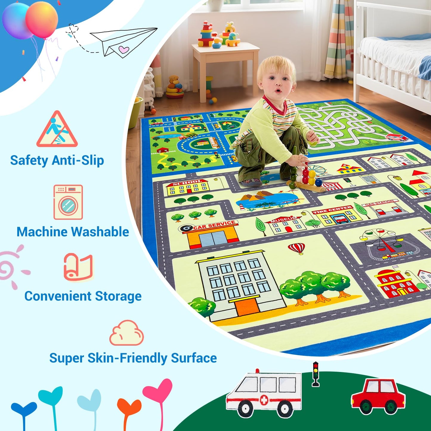 GarveeHome Washable Kids Rug 8x10 ft Kids Carpet Play Mat Car Play Rug, City Life Traffic Road Large Children Educational & Game Area Rug for Toddler Boys Girls Bedroom Playroom Classroom Nursery