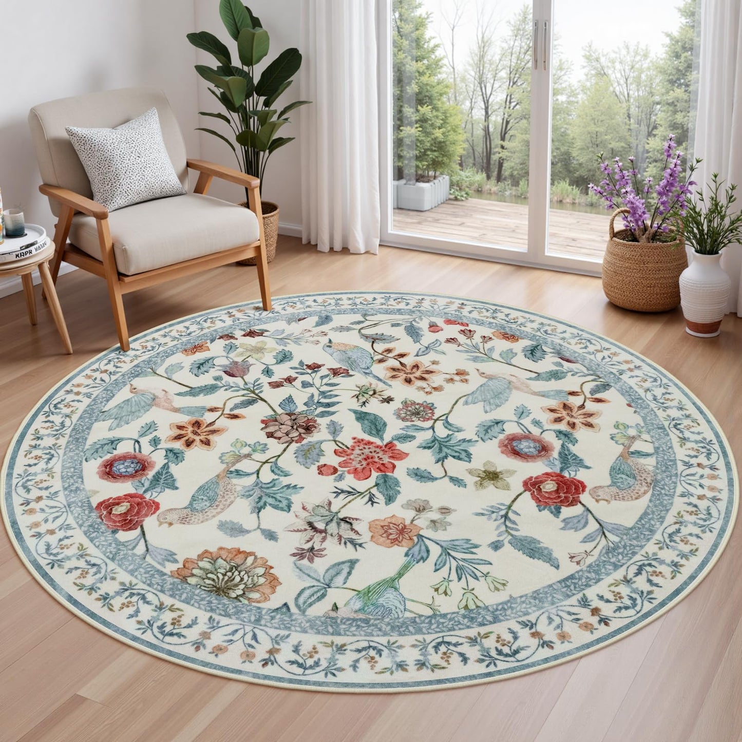 Rugalia Blue Floral Round Rugs 4ft, Washable Boho Circle Rug for Girls Bedroom, Soft Non-Slip Botanical Nursery Circular Carpet, Modern Flower Birds Throw Rug for Kids Room Living Room