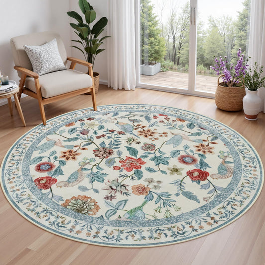 Rugalia Blue Floral Round Rugs 4ft, Washable Boho Circle Rug for Girls Bedroom, Soft Non-Slip Botanical Nursery Circular Carpet, Modern Flower Birds Throw Rug for Kids Room Living Room