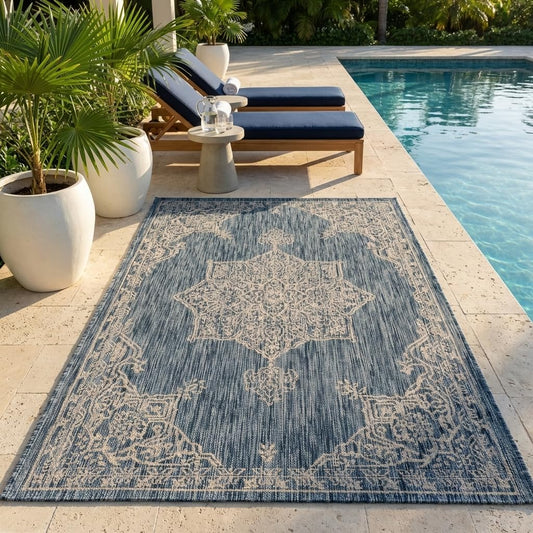 Unique Loom Outdoor Traditional Collection Area Rug - Antique (4' 1" x 6' 1" Rectangle, Blue/ Gray)