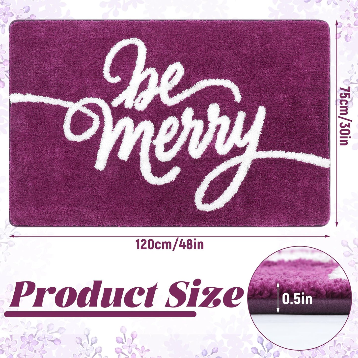 HunnmingRe 48 x 30 Inch Christmas Bathroom Rug Large Extra Soft Absorbent Bath Mat Purple Non Slip Bath Rug Be Merry Holiday Xmas Home Decor for Indoor, Living Room, Bedroom