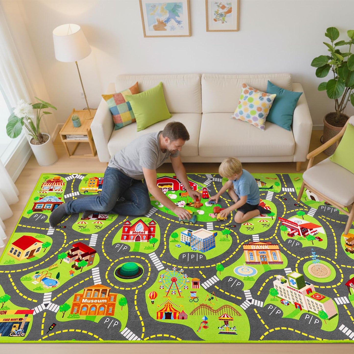 Kids Car Rug Play Mat, Non Slip City Road Carpet for Kids Toy Cars, Car Track Rug Play Mats for Floor, Educational Vehicle Rugs for Playroom Bedroom Kids Room, Machine Washable (60"X36", A)