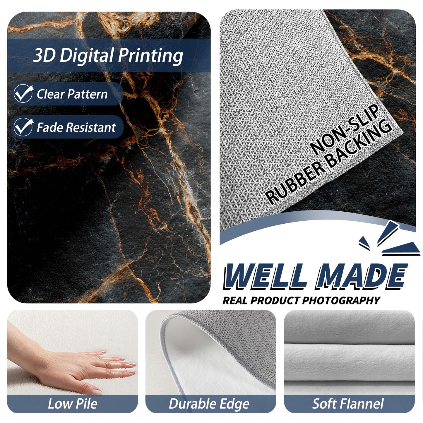 Aquailis Marble Rugs for Bedroom - Agate Rug, 5x6 Area Rug, Modern Abstract Washable Rugs for Bedroom, Black and Gold Living Room Area Rug, Marble Swirl Home Decor, Modern Gifts for Men