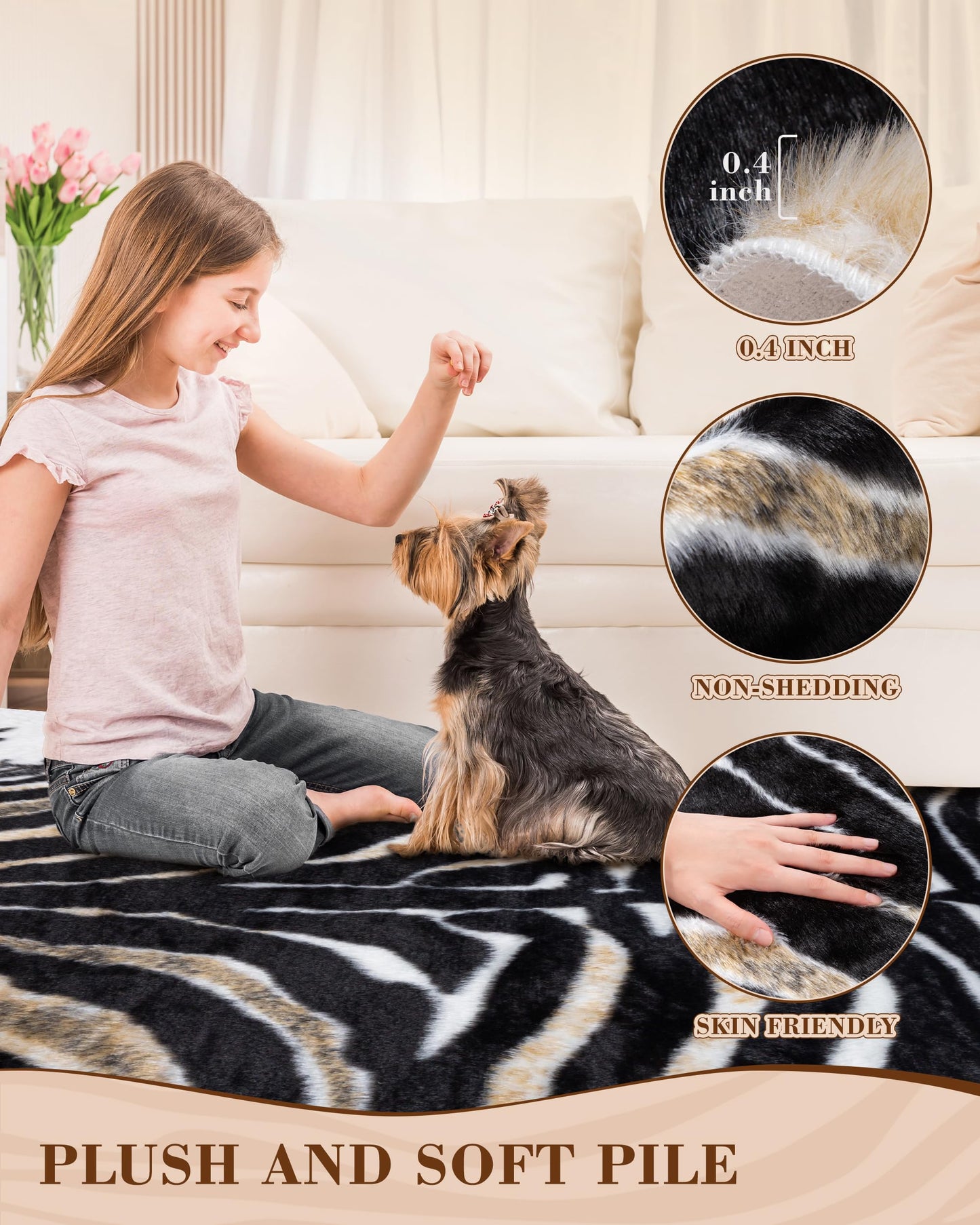 Zebra Rug Animal Print Rug: 6.2x8.2 Feet Large Washable Animal Shaped Area Rug Faux Fur Zebra Hide Carpet Funky Western Decor for Living Room Bedroom Home Office