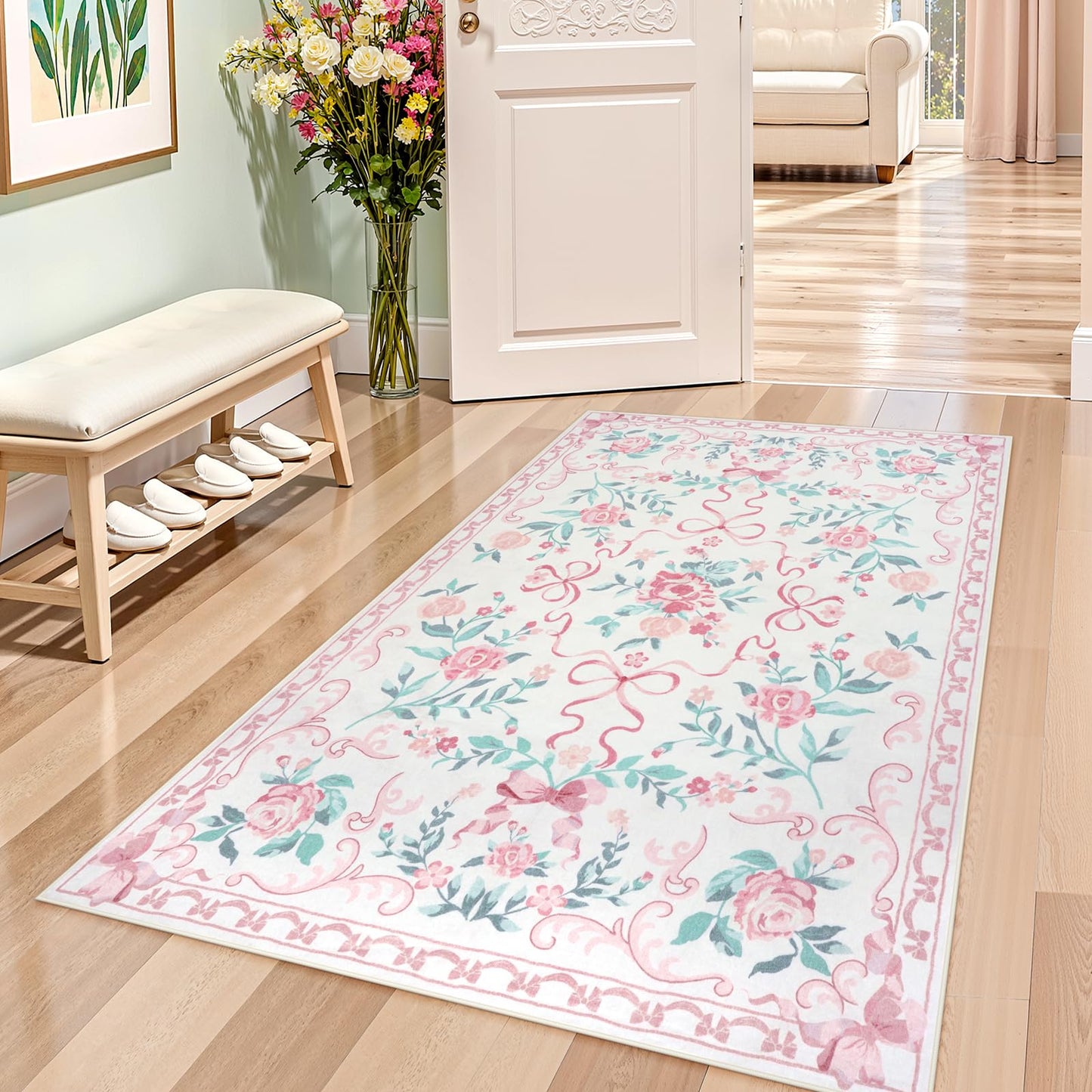 Collive 3x5 Nursery Rug, Boho Pink Floral Area Rugs Machine Washable, Soft Ultra-Thin Bow Carpet Non Slip for Girls Room Bedroom Entryway Playroom Living Room (Pink, 3' X 5')