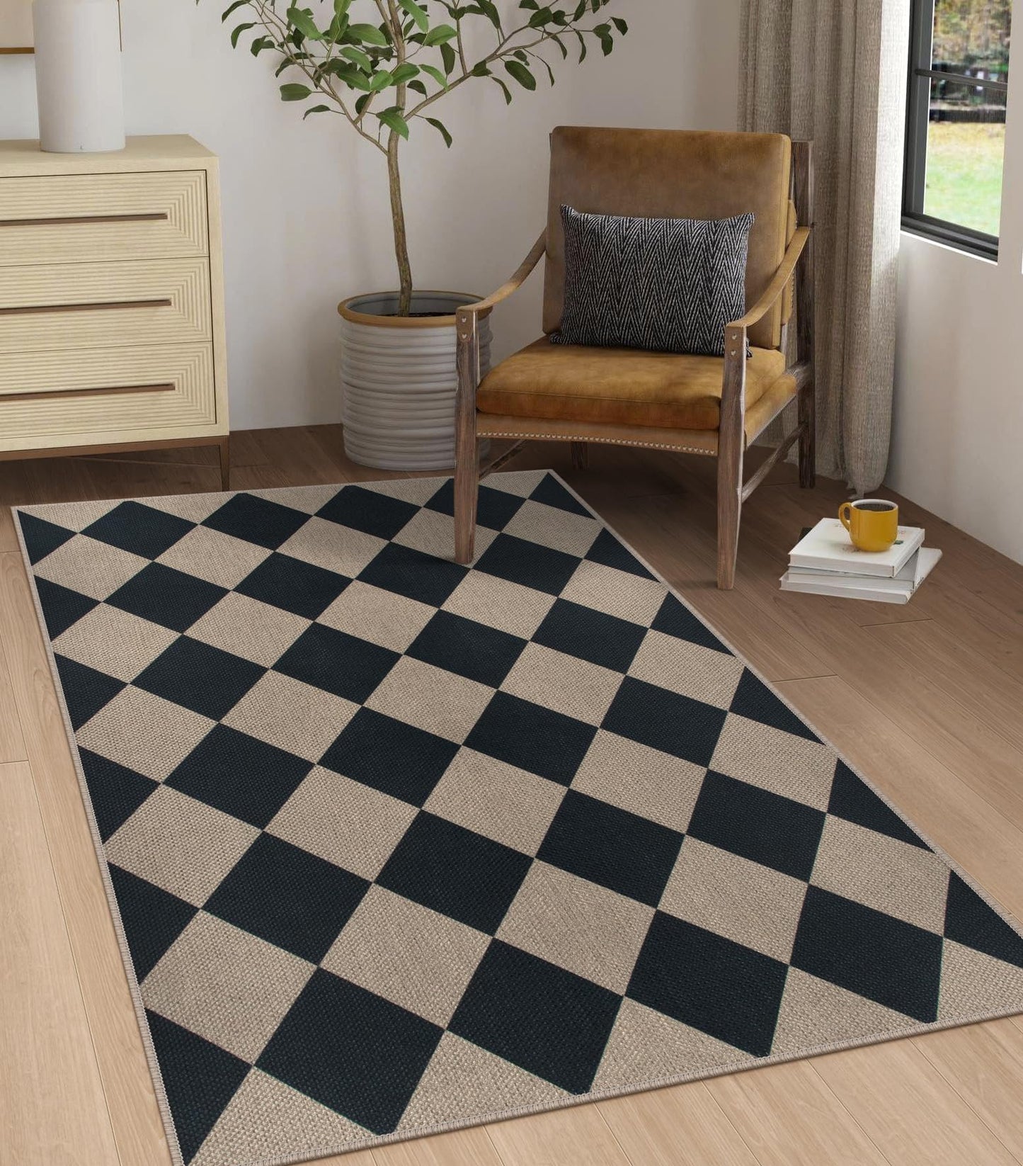 Rugalia Easy Jute Small Outdoor Patio Rug, 3x5 Black Checkered Entryway Rug Washable Modern Diamond Kitchen Rugs, Non-Slip Neutral Farmhouse Throw Carpet for Living Room Porch Backyard