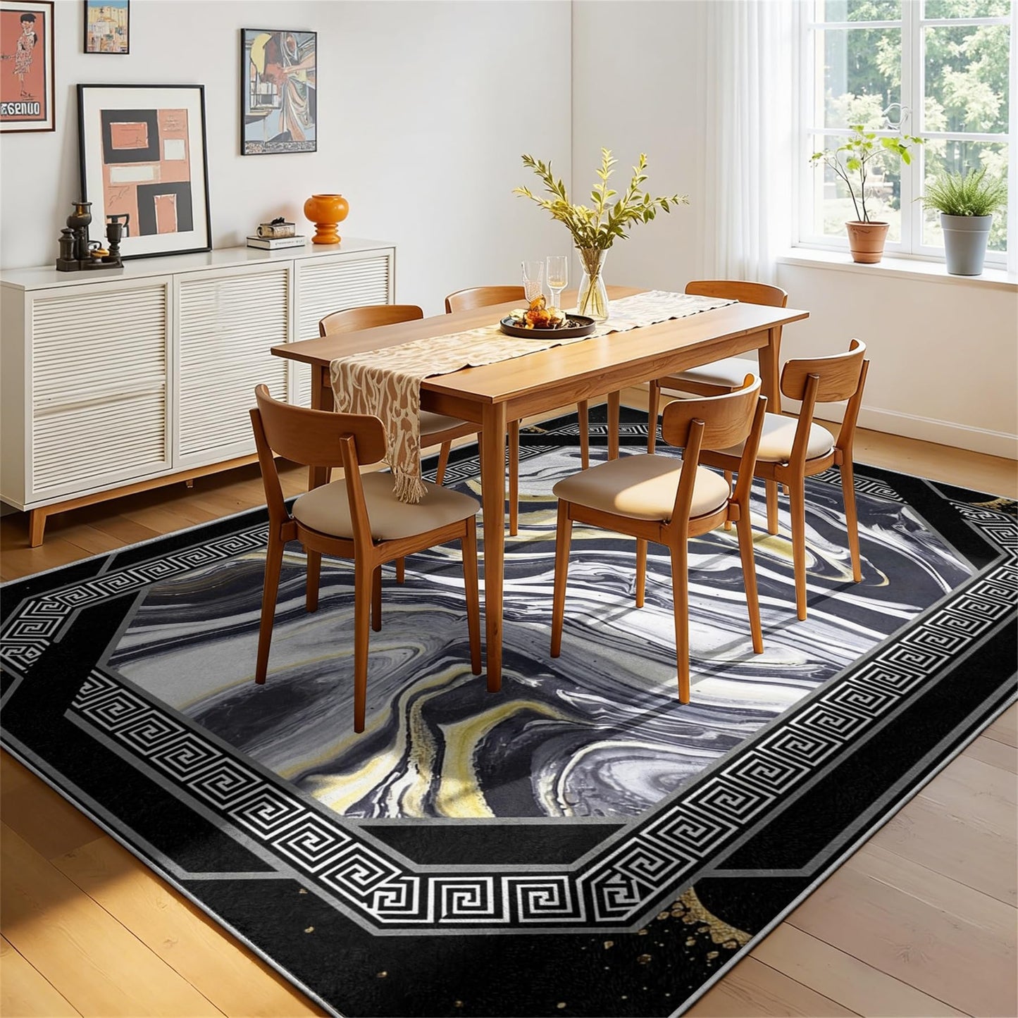 Black Gold Marble Abstract Area Rug 7x10ft, Modern Swirl Fluid Art Carpet with Greek Key Border, Luxury Non Slip Large Floor Rug for Living Room Bedroom Office Home Decor