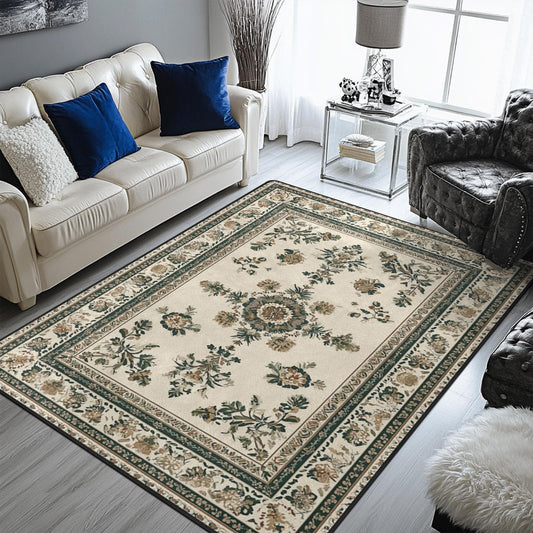 keepcute 5x7 ft Vintage Floral Area Rug, Traditional Distressed Border Design Carpet for Living Room, Bedroom, Dining Room, Beige and Gree