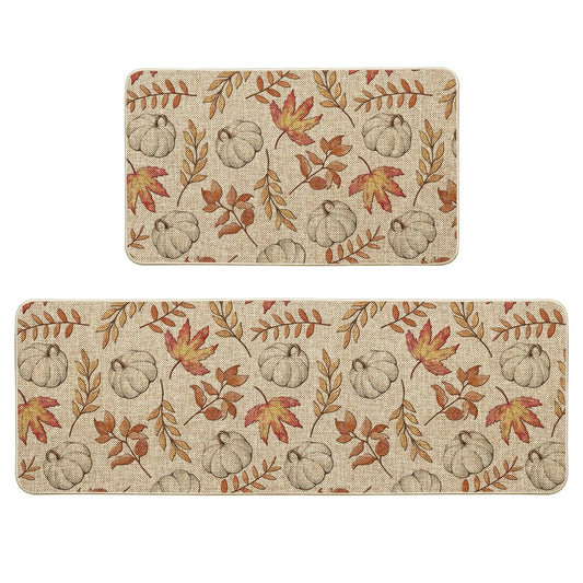 Artoid Mode Pumpkins Fall Kitchen Mats Set of 2, Autumn Maple Leaves Home Decor Low-Profile Kitchen Rugs for Floor - 17x29 and 17x47 Inch