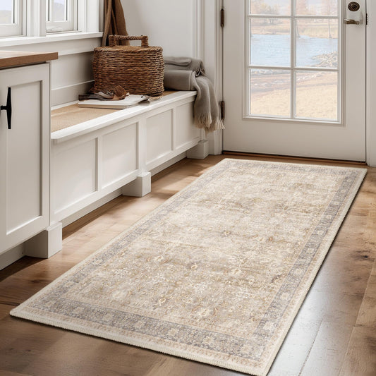 Jainmy Vintage Beige 3x5 Entryway Rug Indoor Foyer, Neutral Earth Tone Throw Rug for Kitchen Bathroom, Machine Washable Non Slip Ultra Thin Area Rug for Nursery/Bedroom Bedside/Home Office/Dorm