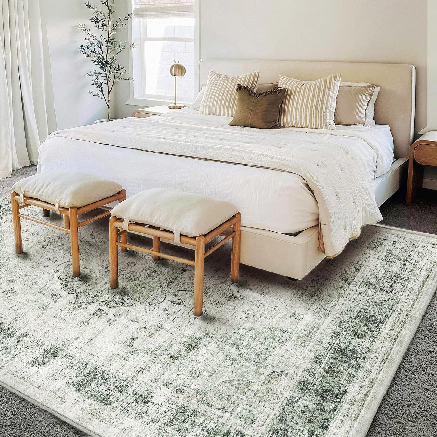 CHAMPLANT Washable Area Rug 8'x10' Floral Green Retro Boho Design Non-Shedding Non-Slip Easy Care Ideal for High Traffic Areas in Living Room Bedroom Office Coffee Table Kitchen Large Carpet