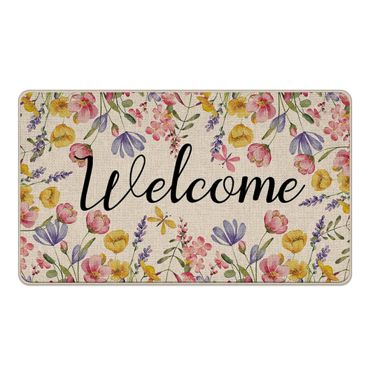 Livcoz Spring Tulip Flower Welcome Front Door Mat, Watercolor Floral Dragonfly Decorative Doormat Non-Slip Floor Entryway Rug, Summer Farmhouse Indoor Outdoor Home Kitchen Decoration 17x29 Inches
