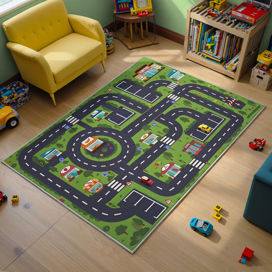 Enkor Kids Rugs, Non Slip 3' x 5' Road Playmat Carpet for Children, City Map Rugs for Playroom Bedroom Living Room Green