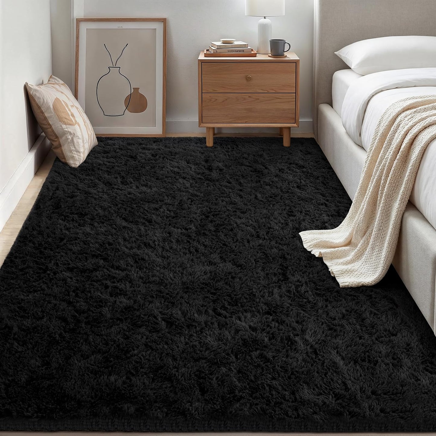 Area Rugs 9x12 Living Room Bedroom: Soft Fluffy Shag Rugs Upgrade Non-Slip High Pile Carpet Large Fuzzy Plush Indoor Floor Shaggy Carpets for Nursery Kid Playroom Office Dorms Home Decor Black