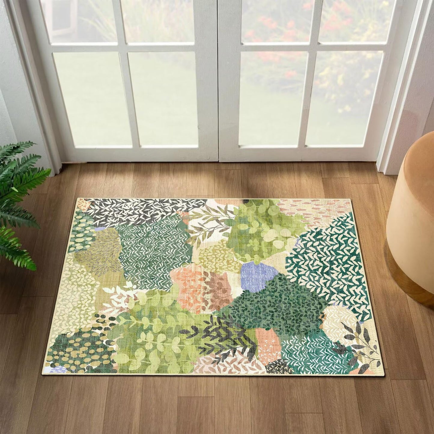 DEXDE 2x3 Area Rug, Small Boho Rugs Entryway Doormat Indoor Machine Washable Non-Slip Abstract Botanical Leaves Floral Print Floor Carpet for Living Room, Bedroom, Office, Kids Playroom,Green