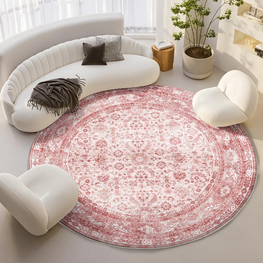 OPPODREAM Vintage Pink Round Rug 8ft, 8 ft Retro Washable Circle Rug Non Slip, Low-Pile Faux Wool Circular Carpet, Distressed Floor Mat for Living Room, Bedroom, Office, Dorm, Dinning Room