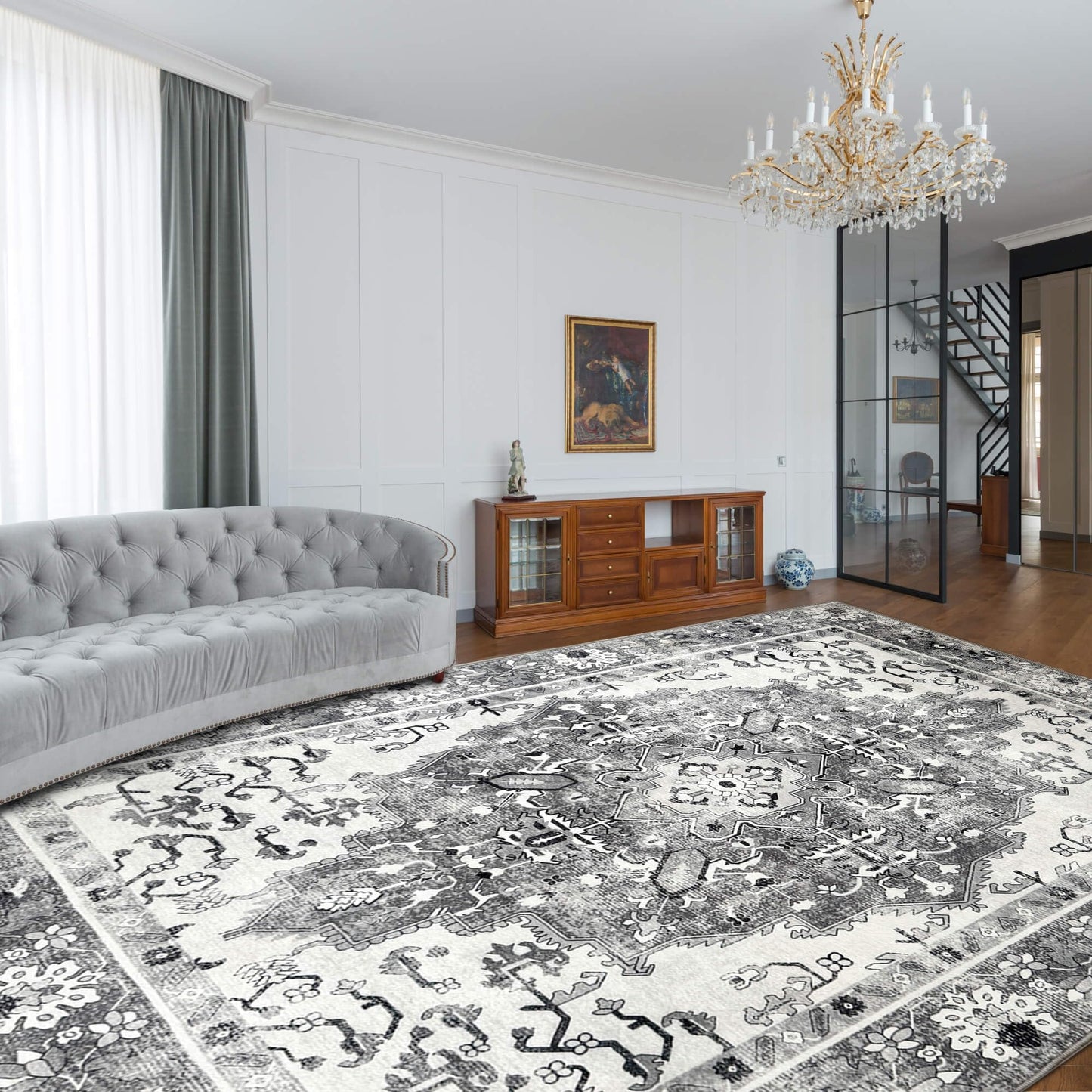 NANPIPER Area Rug, 8x10 Washable Area Rugs with Non-Slip Backing for Living Room Bedroom, Non-Shedding Distressed Rug, Vintage Print Medallion Accent Large Rug for Bedroom,Dinning Room(8'x10', Grey)