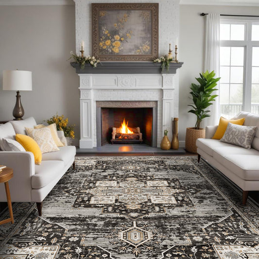 RUUGME Washable 9x12 Area Rugs - Large Rugs for Living Room Stain Resistant Carpet Vintage Rugs for Bedroom with Non Slip Backing Home Decor Floor Decoration Mat (9x12 Black)