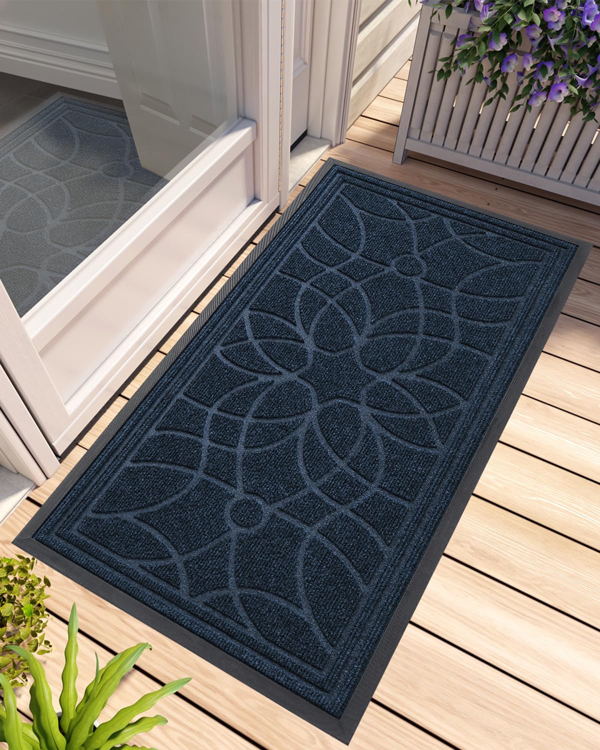 DEXI Front Door Mat Outside Entrance 24x47, Heavy Duty Non Slip Low Profile Doormat for Entryway, Trap Dirt and Moisture Welcome Mats, Easy Clean, Patio, Garage, Blue