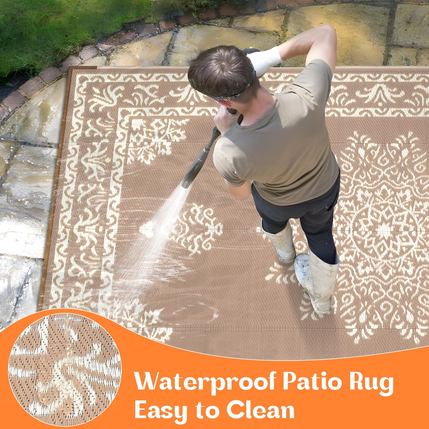 Yamaziot Outdoor Rug 8x10 Ft, Waterproof Plastic Straw Patio Rug, Reversible Backyard Carpet UV Resistant Portable RV Mat Clearance, Large Indoor Outdoor Rug for Patio, Porch, Deck, Balcony, Brown