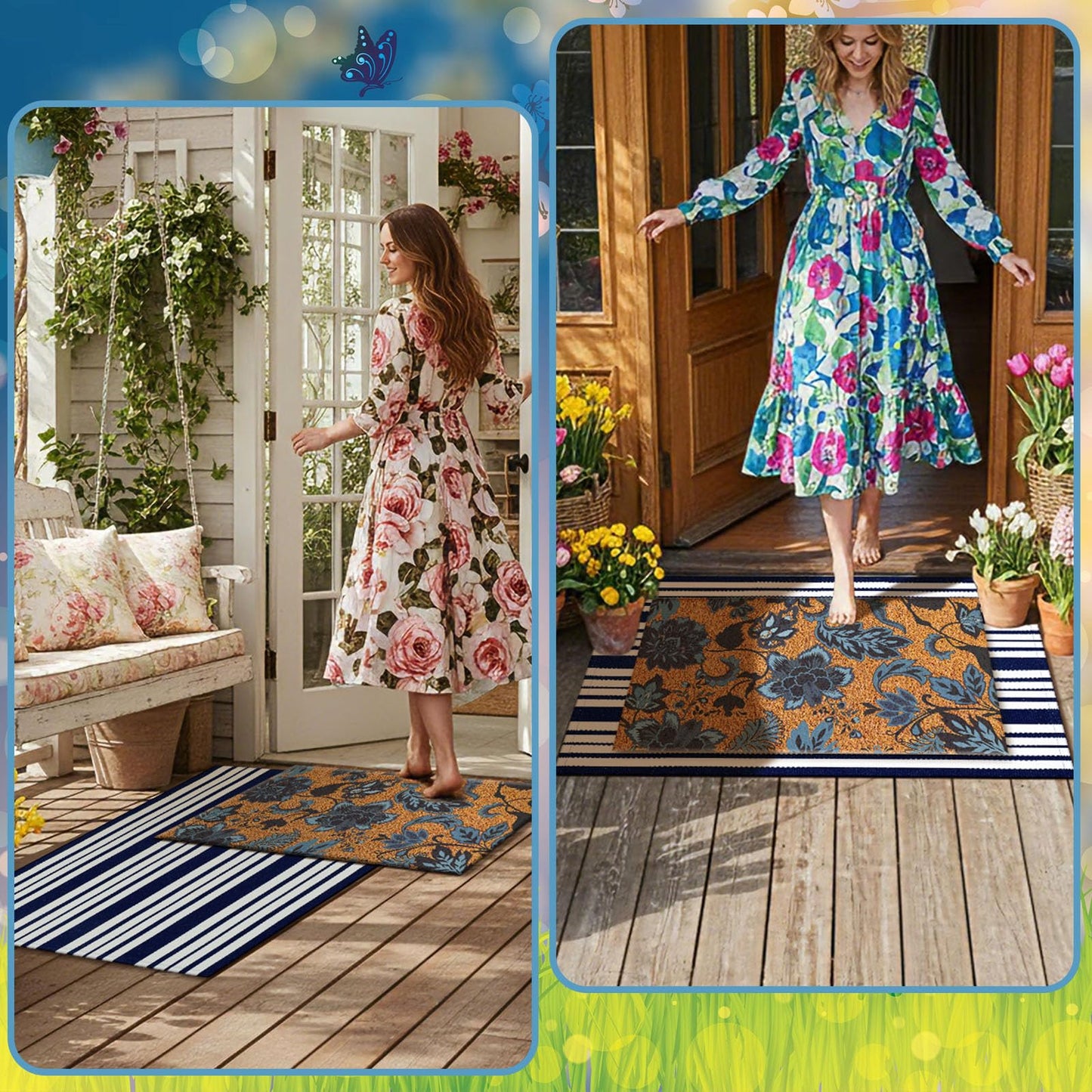 Moucuny 2 Pcs Navy Blue Coir Doormat Outdoor Navy Blue and White Checked Rug Doormats Indoor Outdoor Rugs for Layered Front Door Mats, Porch, Kitchen, Farmhouse, Entryway