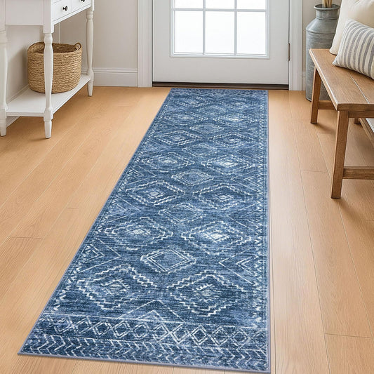 KILOCOCO Runner Rug 2x6 Non Slip Washable Runner for Hallway Kitchen Runners Soft Printed Low-Pile Machine Washable Foldable Floor Blue Runners Rug for Entryway Bedroom Living Room Bathroom