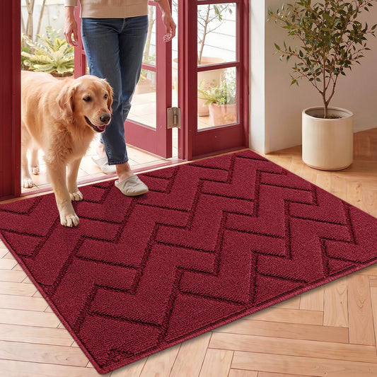 hicorfe Front Door Mat Outside Entrance,24"x35" Absorbent Muddy Dirt Resist Welcome Door Mats Outdoor Indoor,Stain and Fade Resistant,Non Slip Backing Entry Mat Doormat for Entryway (Red)