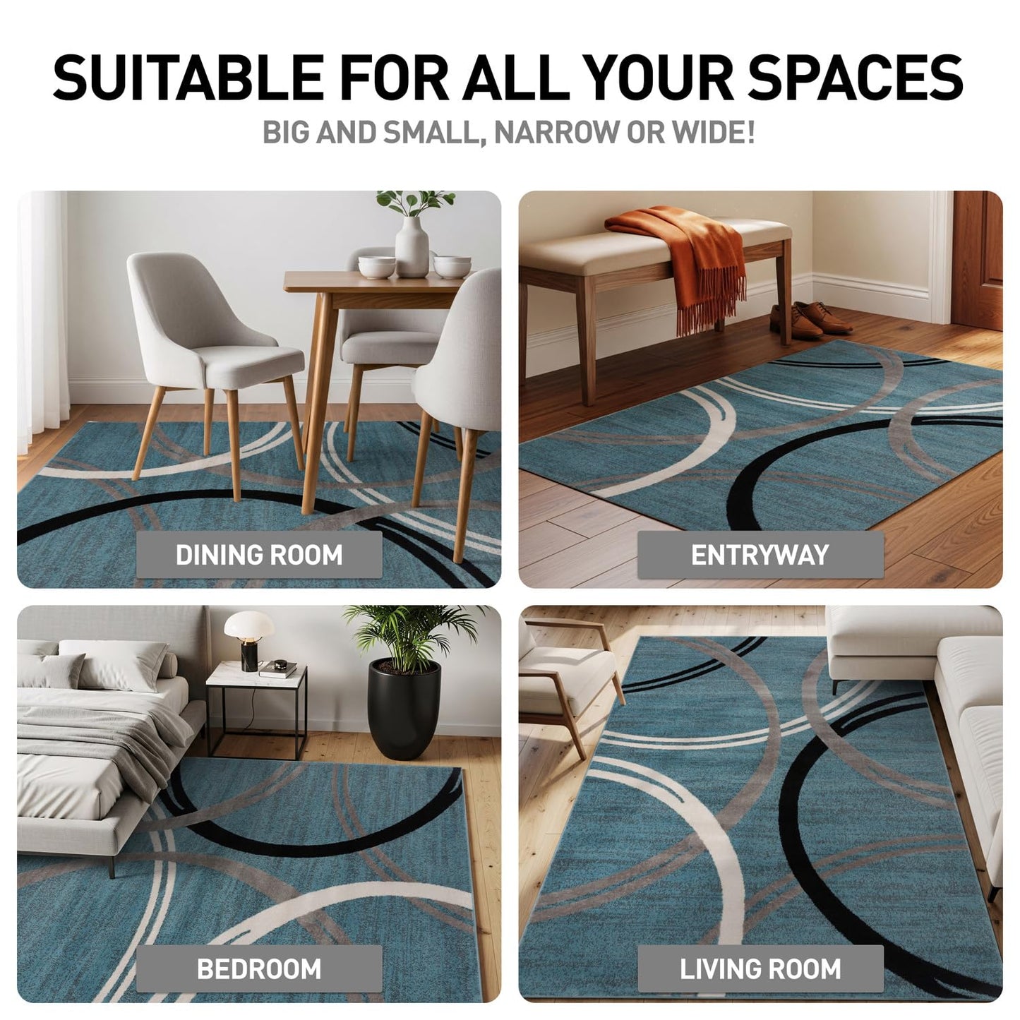 Rugshop Modern Wavy Circles Design Oval Rug, Non-Shedding Carpet for Living Room, Bedroom, or Dining Room, Blue, 5' x 7' Oval