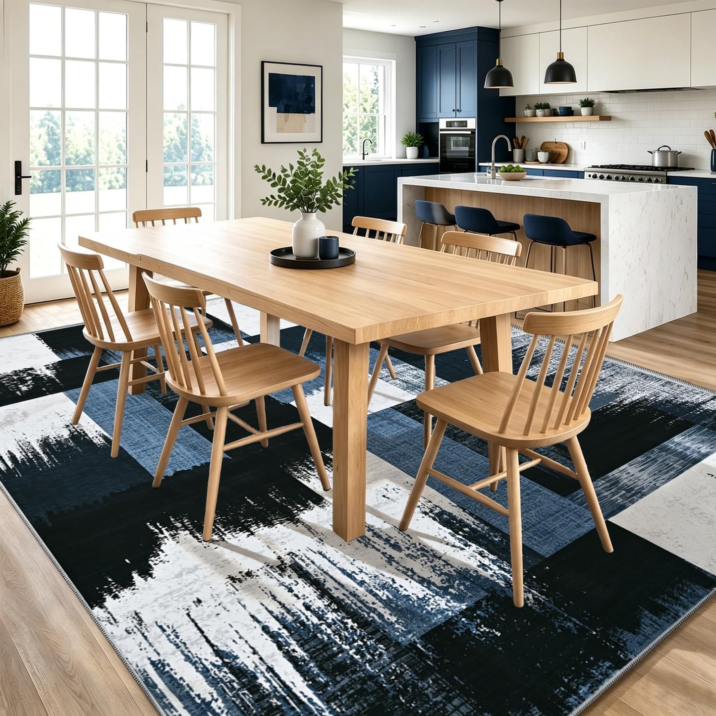 Yinhua Geometric 5x8 Area Rug for Living Room Modern Patchwork Rugs for Bedroom Low Pile Rugs Washable Non Slip, Soft Faux Wool Area Rug for Home Office, Dining Room, Blue and Gray Carpet