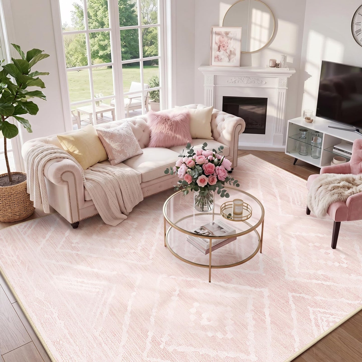 BESTSWEETIE Area Rug 5x7 Rug Machine Washable Non-Slip Low Pile Print Pattern Western Rug for Living Room Bedroom Entryway Tribal Series -Light Pink/Cream