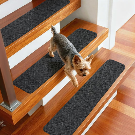 WELSTIK Non-Slip Stair Treads 30x8 Inch, Indoor Carpet Runners for Wooden Steps, Edging Stair Rugs with TPE Backing, 100% Polyester, Safe for Kids and Dogs (15 Pack, Grey)
