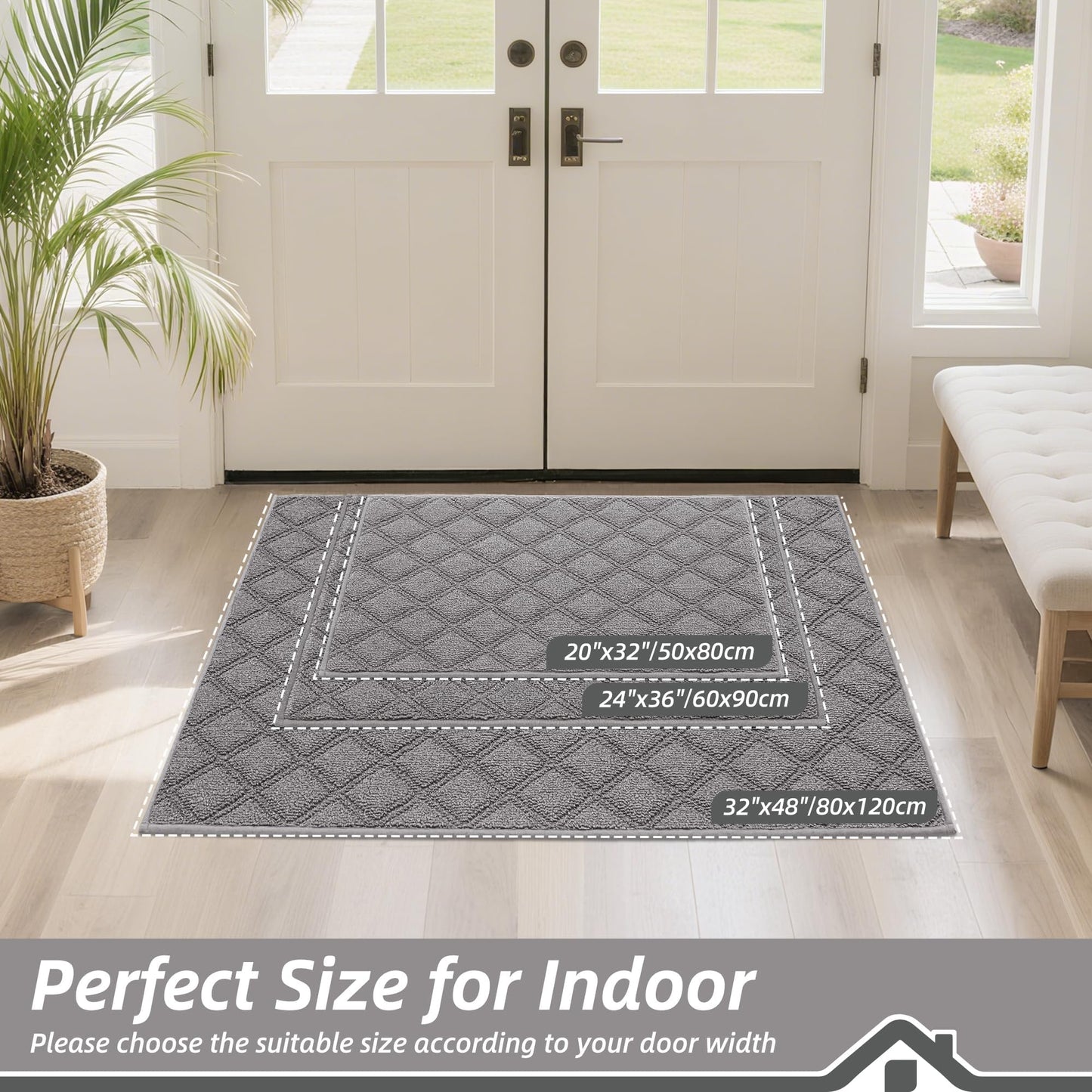 BEQHAUSE Dirt Trapper Door Mat 20" x 32", Non-Slip Washable Doormats Welcome Mat, Trap Dirt and Absorbent Entrance Mat, Low Profile Floor Mats for Front Back Door, Entryway, Grey