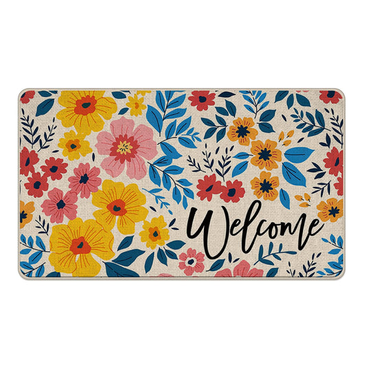 Livcoz Vintage Floral Welcome Front Door Mat, Colorful Abstract Flower Decorative Doormat Non-Slip Floor Entryway Rug, Spring Summer Farmhouse Indoor Outdoor Home Kitchen Decoration 17x29 Inches