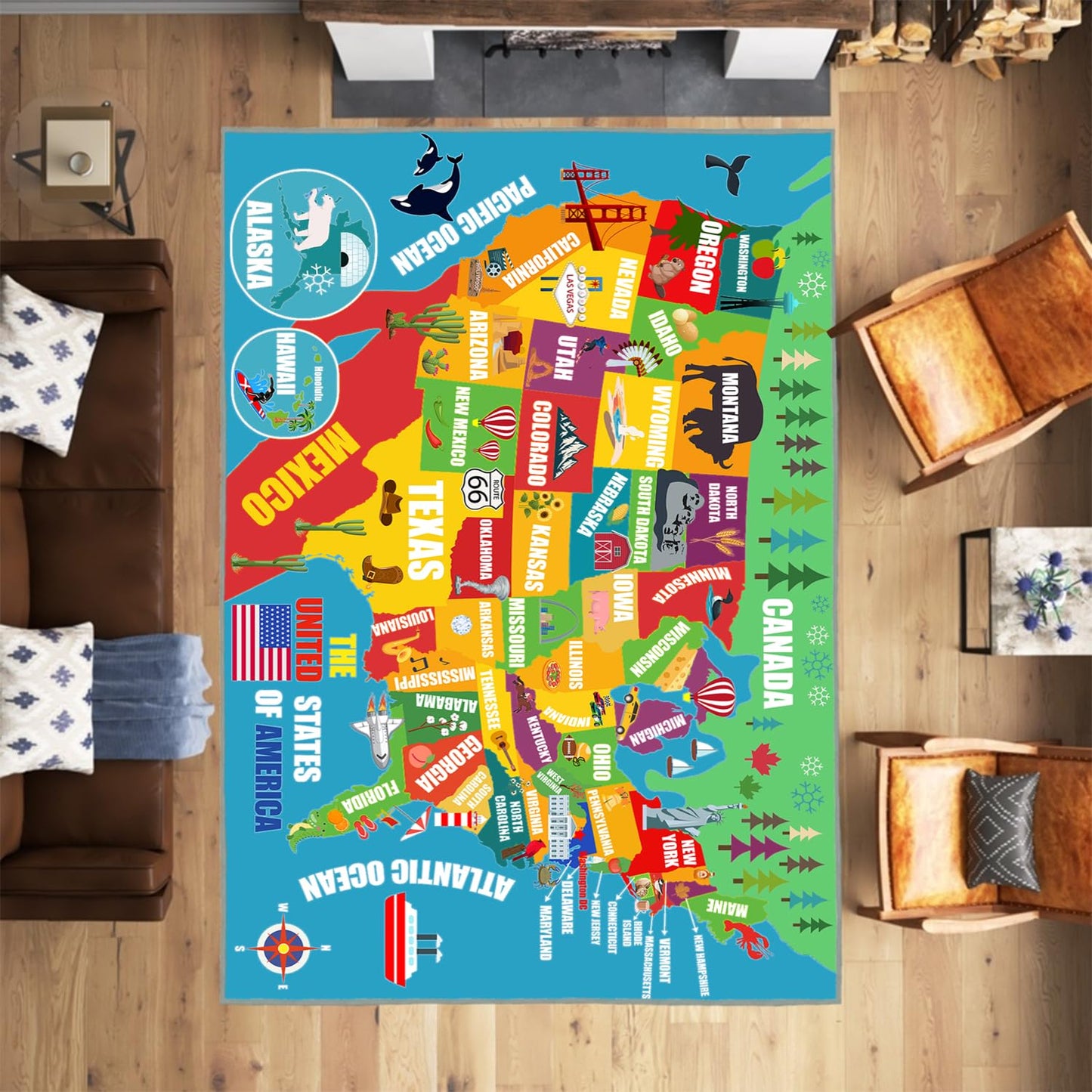 Kids Play Rug, USA United States Map Rugs Educational Play Mat Carpet Children Play Area Rug for Kids, Toddlers, Nursery, Classroom, Playroom, Baby Daycare