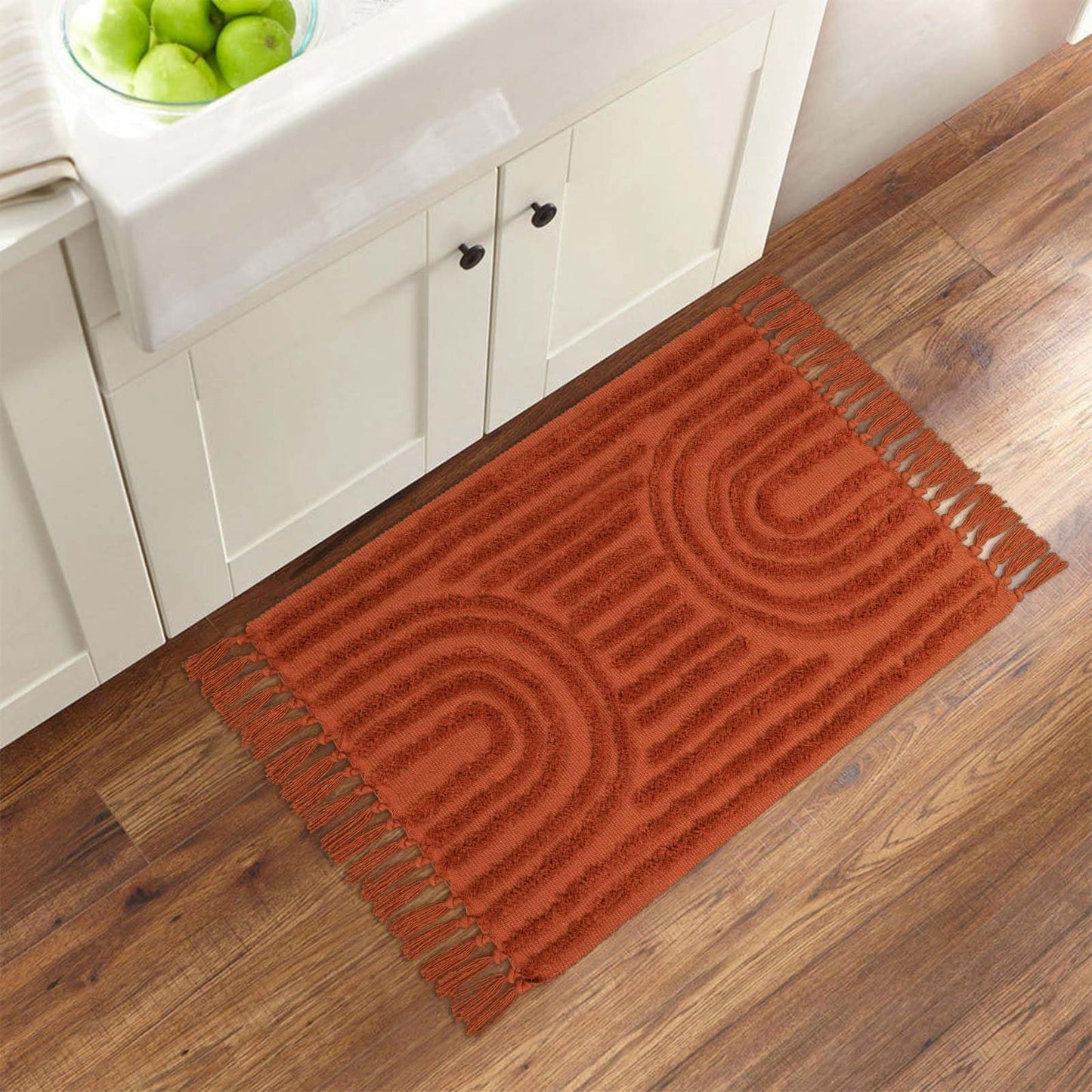 LEEVNA Washable Bathroom Rugs 2'x3', Hand-Woven Kitchen Rug with Tessal, Terracotta Bedroom Throw Rugs, Boho Tufted Rainbow Rug, Farmhouse Indoor Door Mat for Entryway/Porch/Back Door