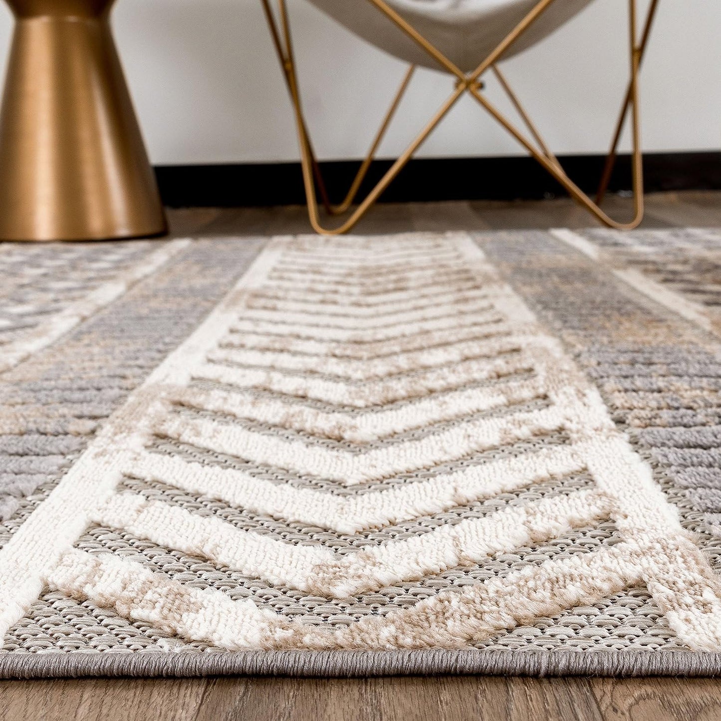 Rugshop Distressed Geometric Indoor/Outdoor Beige Runner Rug Modern Tribal Stripe, Durable Stain Resistant Low Profile Perfect for Patio, Backyard, Deck and Outdoor Lounge 2' x 7'