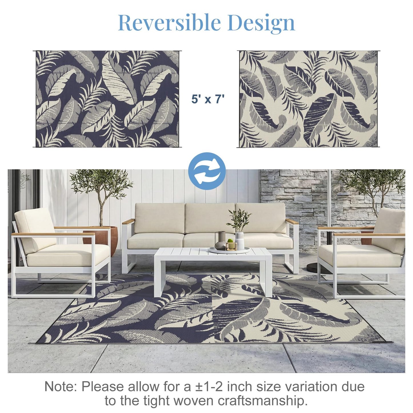 OPPODREAM Reversible Outdoor Rug 5x7, Waterproof Outdoor Plastic Straw Rug for Patio, Tropical Leaf RV Camping Rugs for Outside, Deck, Balcony, Porch, Backyard, Camping, Rv, Navy and Cream White