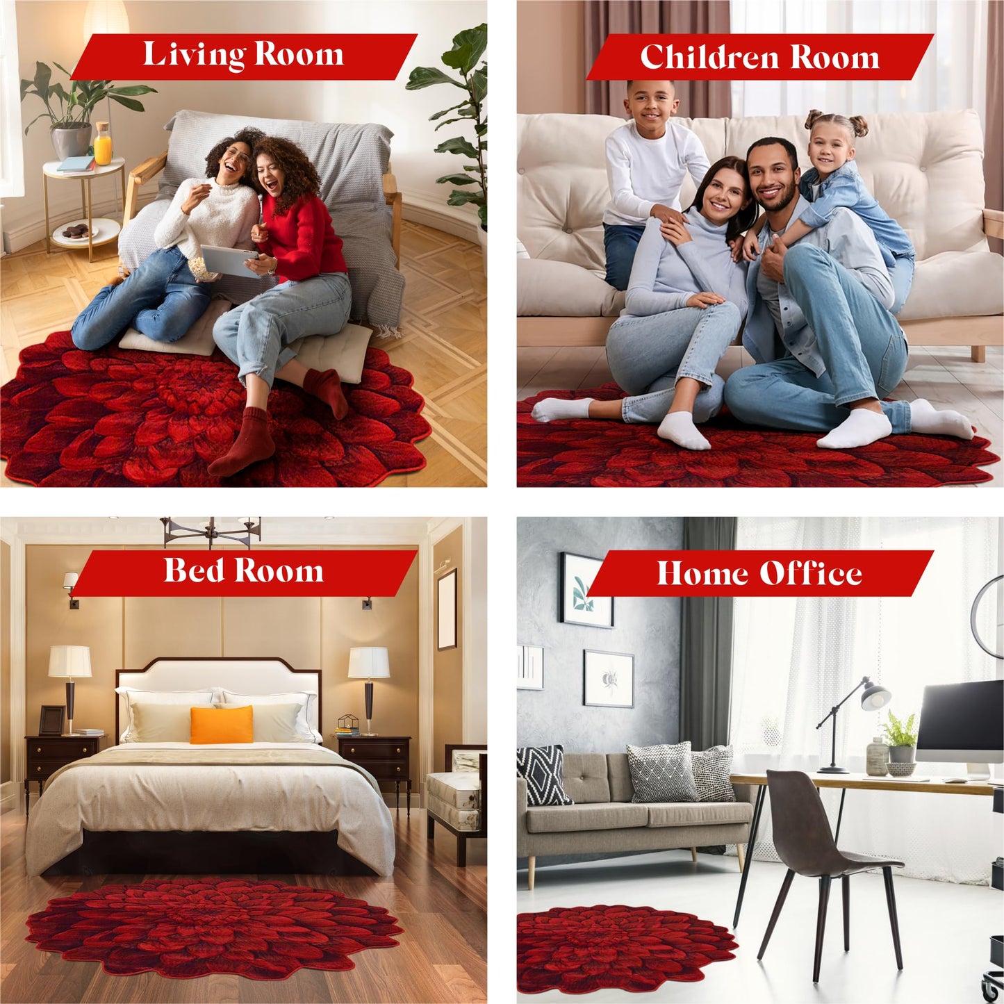 Flower Rug 2ft Round Area Rugs Cute Plush Flower Shaped Rug Circle Girly for Bedroom Floor Living Room Carpet 303 Red
