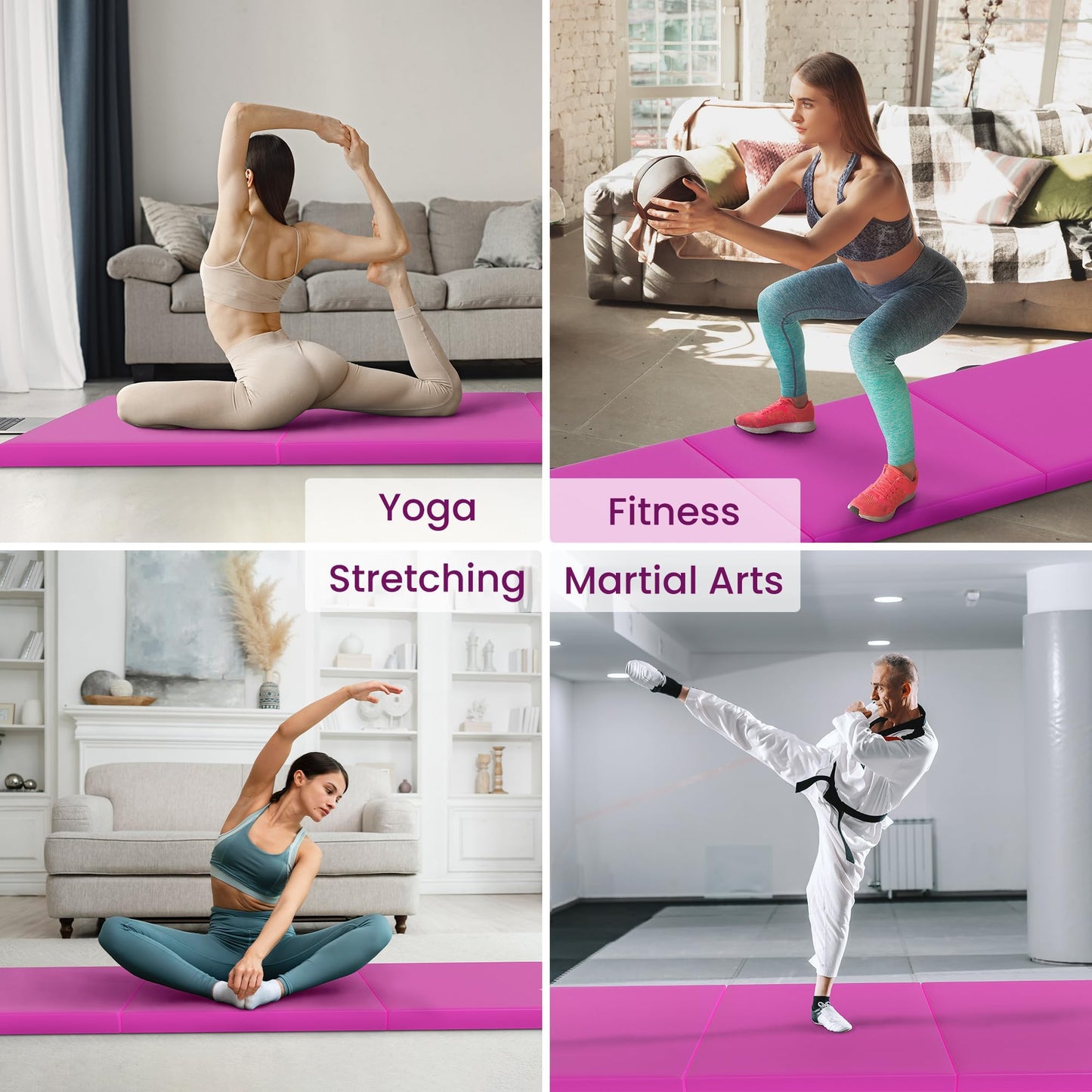 Fitvids Folding Exercise Gymnastics Mat for Tumbling, 2'x6'x2" Gym Workout Mat with Carrying Handles High-Density Anti-Tear Portable Fitness Aerobics Mats for Home Gym Yoga Pilates MMA Core Training, Pink