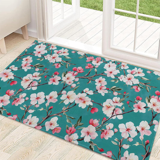 ainori Cherry Blossom Branch Indoor Door Mat 29.5x17in,Non Slip Backing Flower Floral Teal Floor Mat,Non Woven Entryway Rug,Welcome Mats Decor,for Entrance Inside Porch Bedroom Kitchen,Doormats Gifts